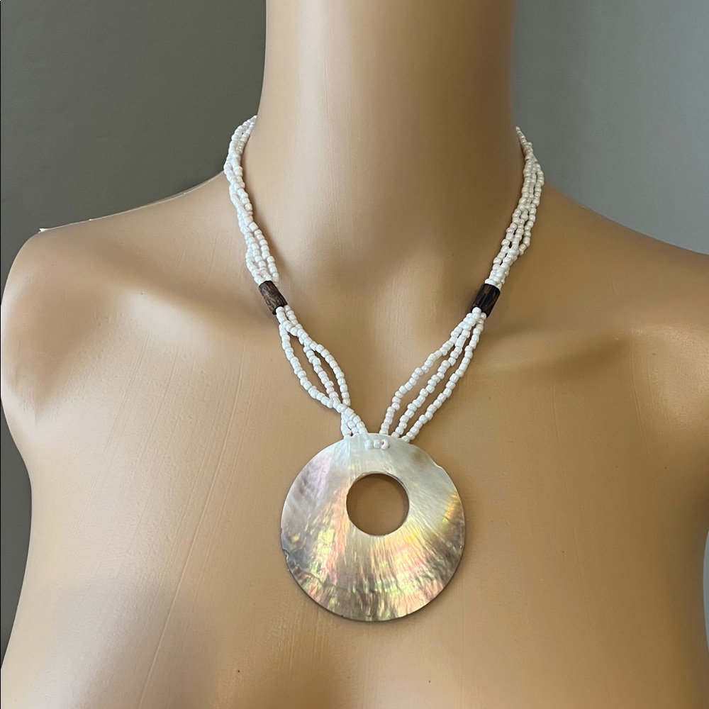 White Beaded Necklace with Iridescent Shell Pendant